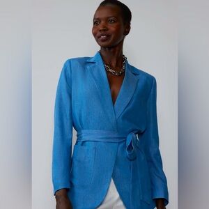 Oh-La-La. Chambray belted blazer. Soft, shade of magnetic blue.